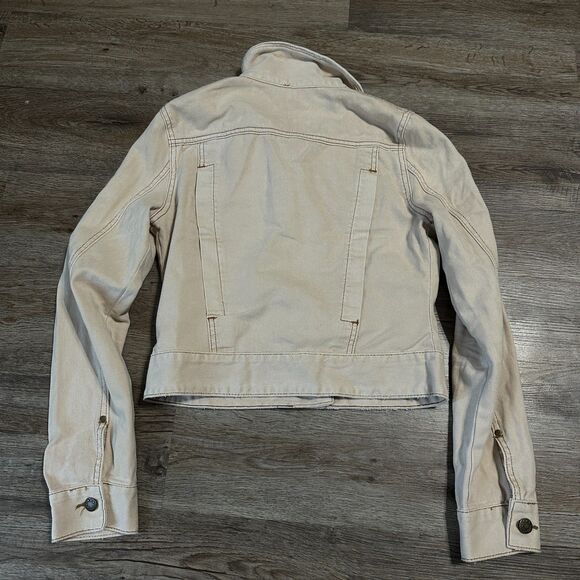 Free People XS Denim Jean Jacket Beige Tan Cropped Boho Trucker - Picture 4 of 4